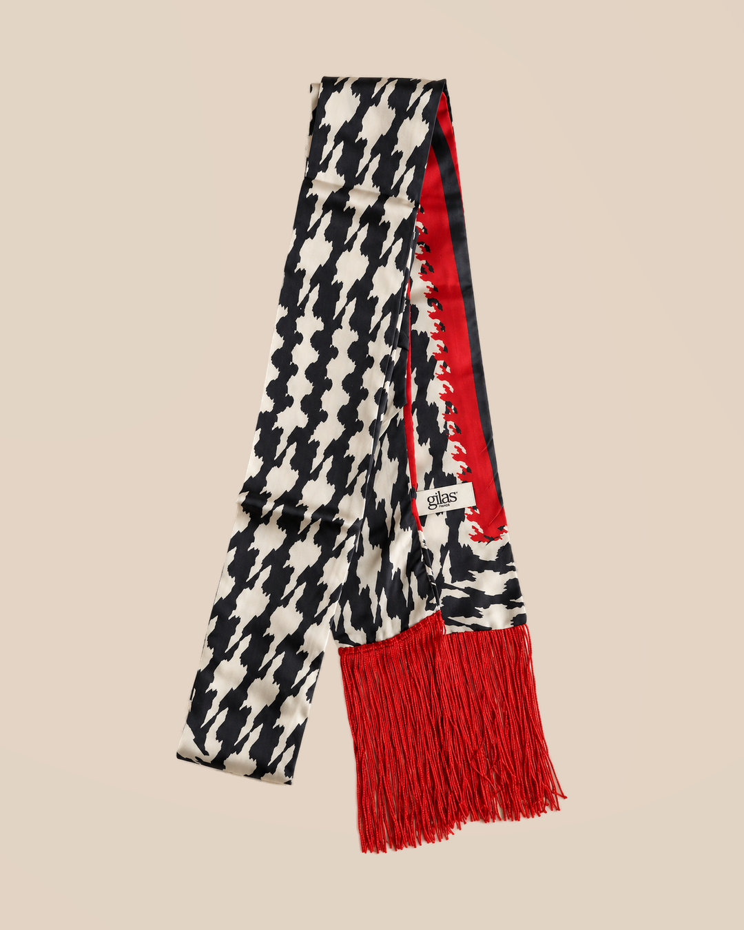 Silk scarf - pattern geometric black and red — red fringe
