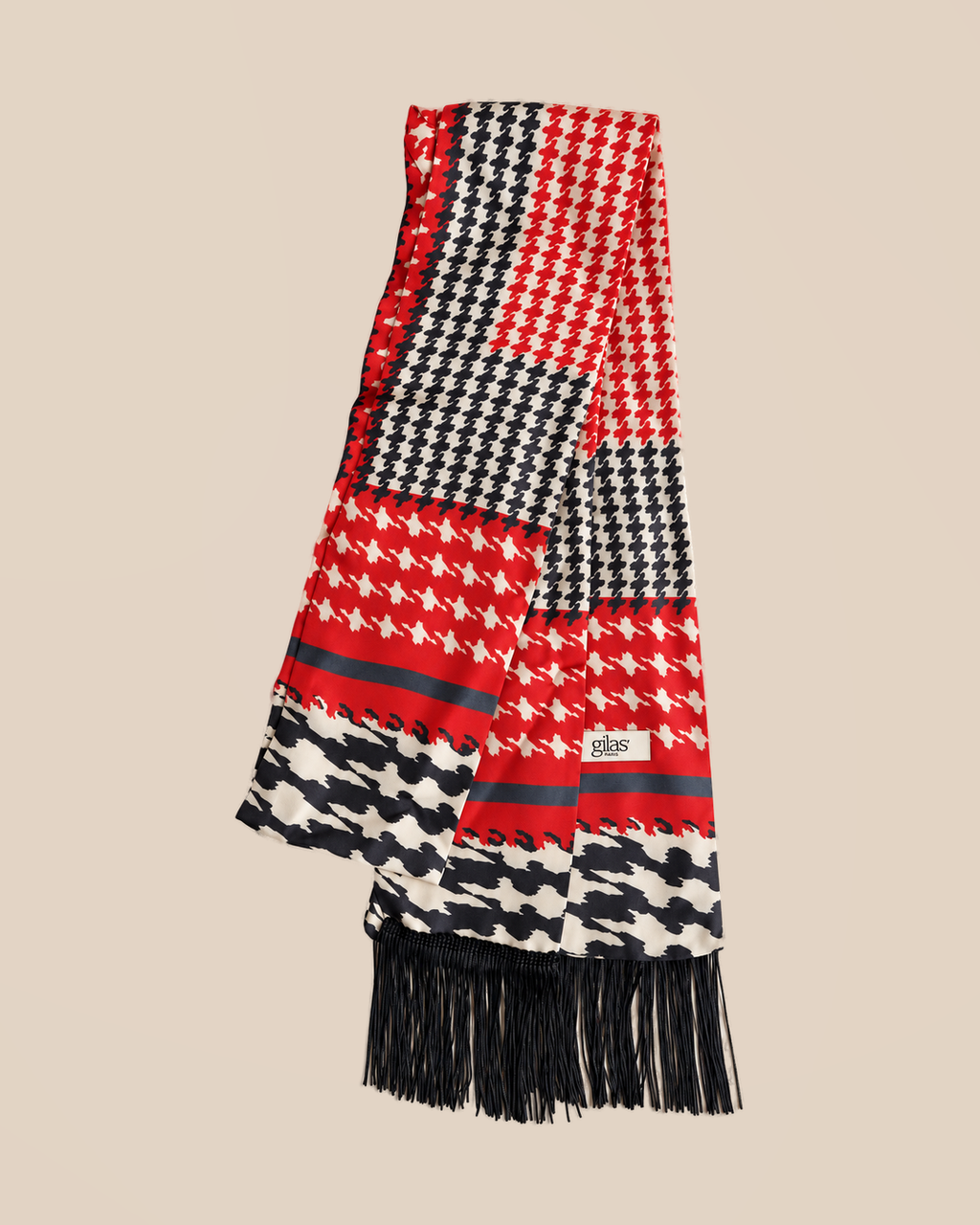Silk scarf - pattern geometric black and red — black fringe