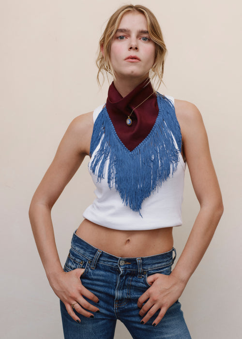 Triangolo in cotone con frange - motivo marrone e blu