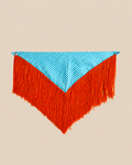 Silk fringed triangle - Pattern white and turquoise squares