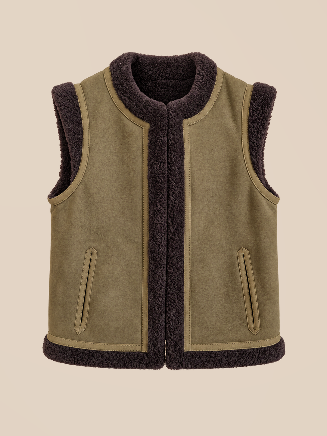 Suede shearling gilet - Olive — front view