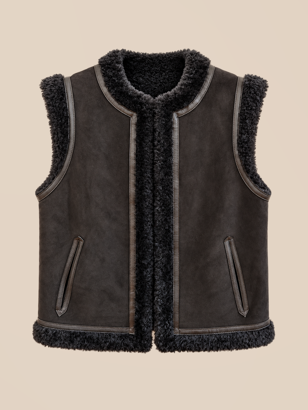 Suede shearling gilet - Black — front view