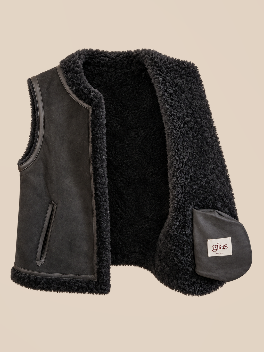 Suede shearling gilet - Black — interior label detail