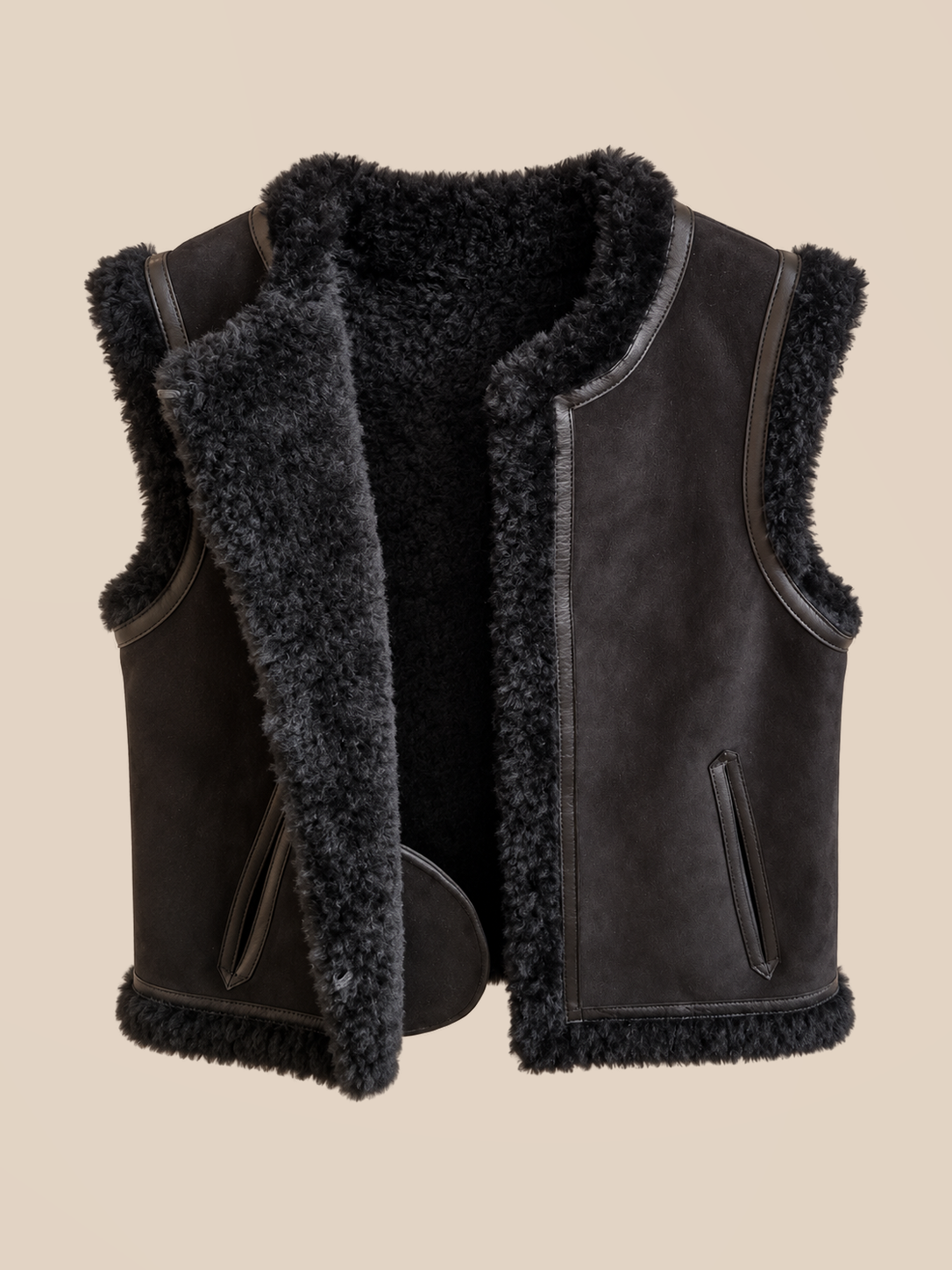 Suede shearling gilet - Black — open view with closures