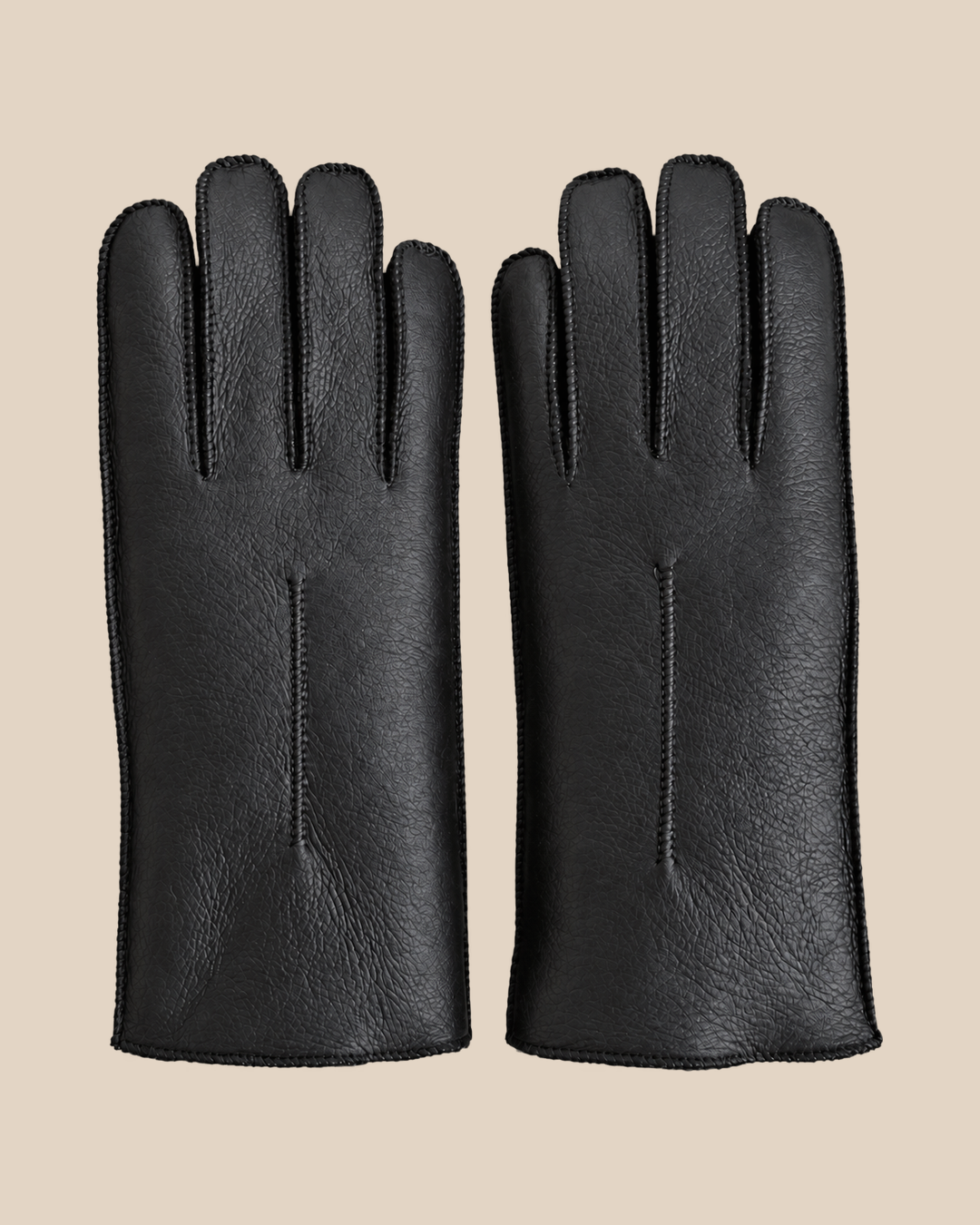 Nappa shearling gloves - black — product view 02, shearling gloves on a beige background