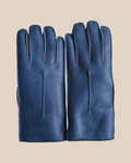 Nappa shearling gloves - blue — product view 01, shearling gloves on a beige background