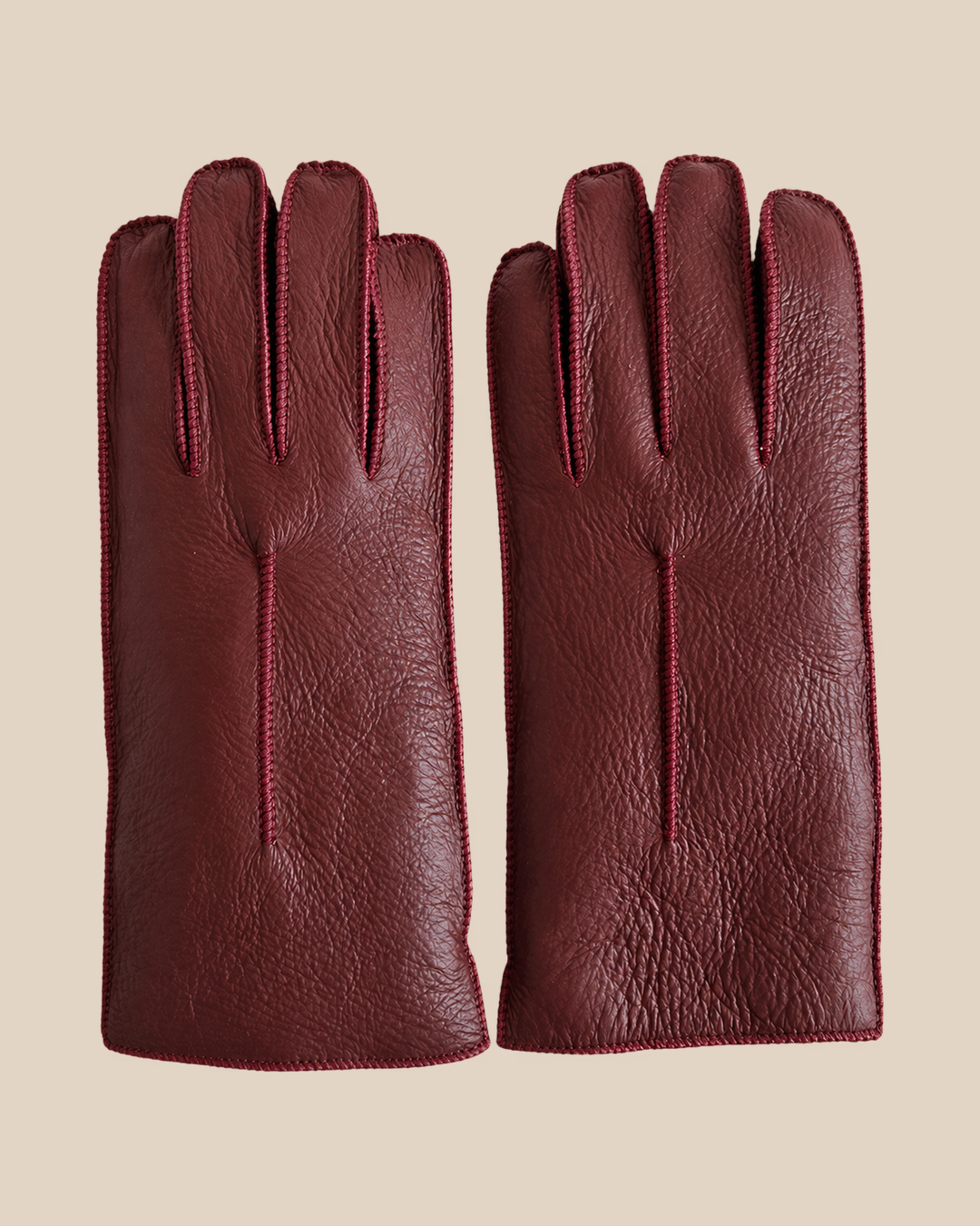 Nappa shearling gloves - burgundy — product view 04, shearling gloves on a beige background