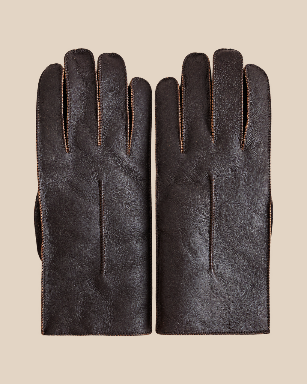 Nappa shearling gloves - dark brown — product view 02, shearling gloves on a beige background
