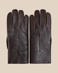 Nappa shearling gloves - dark brown — product view 02, shearling gloves on a beige background