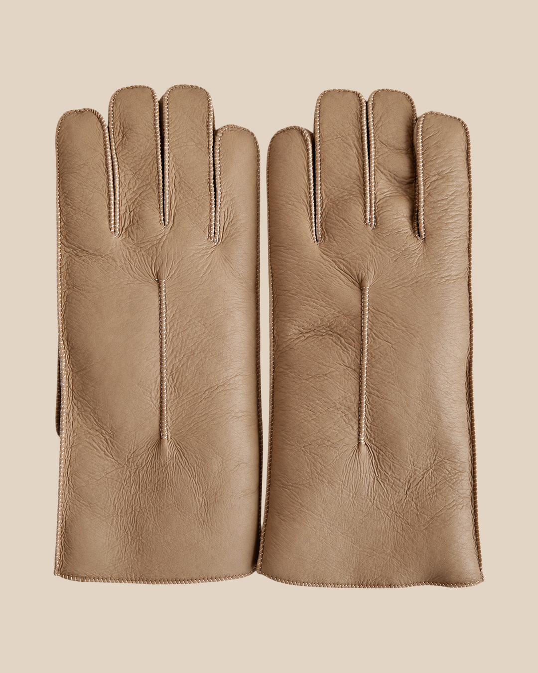Nappa shearling gloves - taupe — product view 02, shearling gloves on a beige background