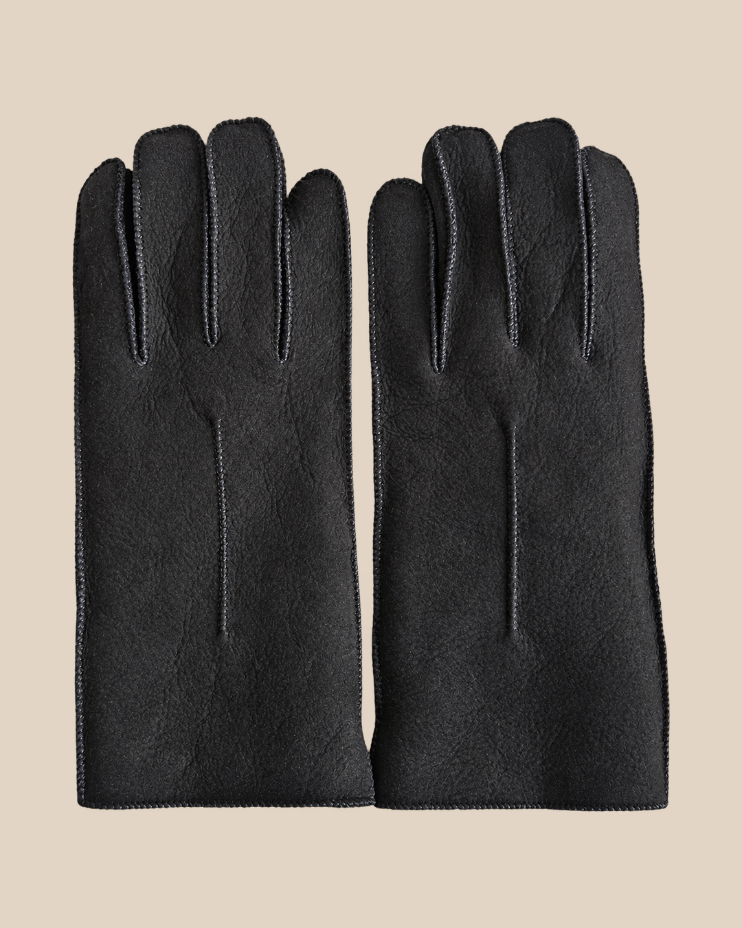 Suede shearling gloves - black — product view 03, shearling gloves on a beige background
