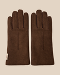 Suede shearling gloves - dark brown gilas — product view 01, shearling gloves on a beige background