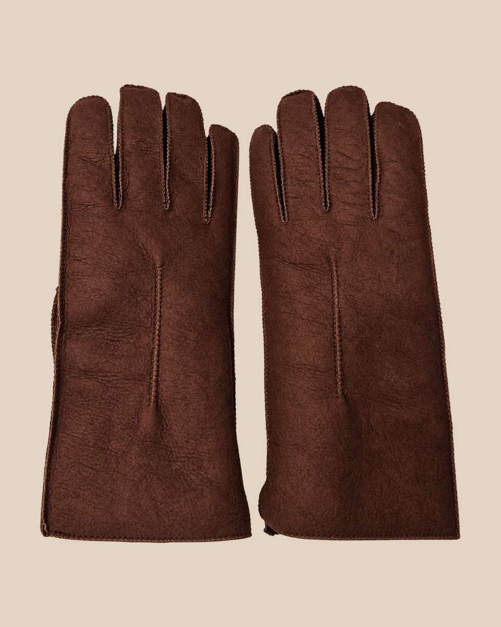 Suede shearling gloves - dark-brown, back view on a beige background