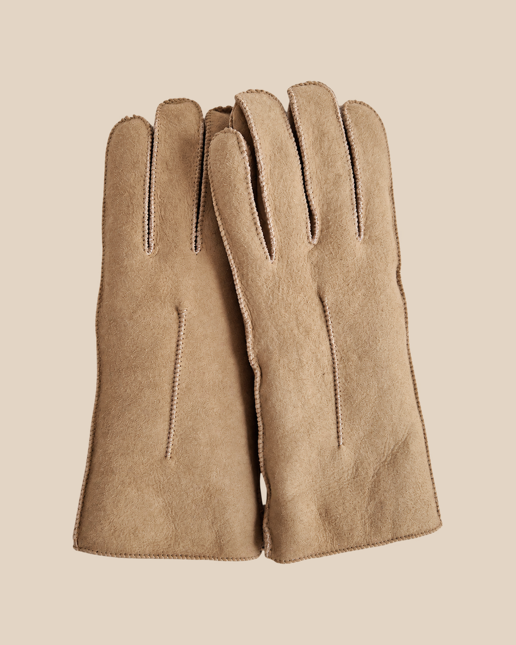 Suede shearling gloves - nude — product view 02, shearling gloves on a beige background