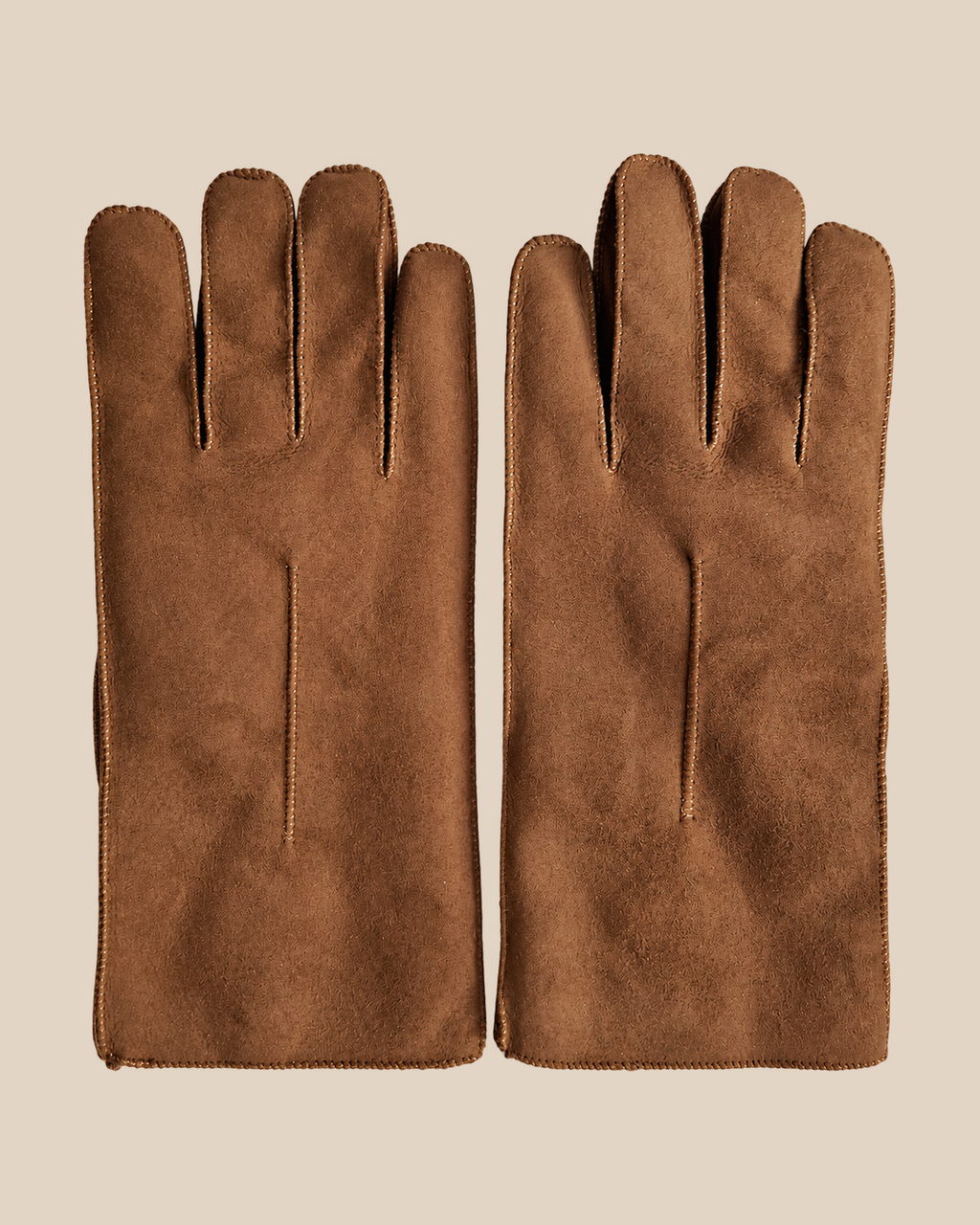 Suede shearling gloves - tobacco — product view 01, shearling gloves on a beige background
