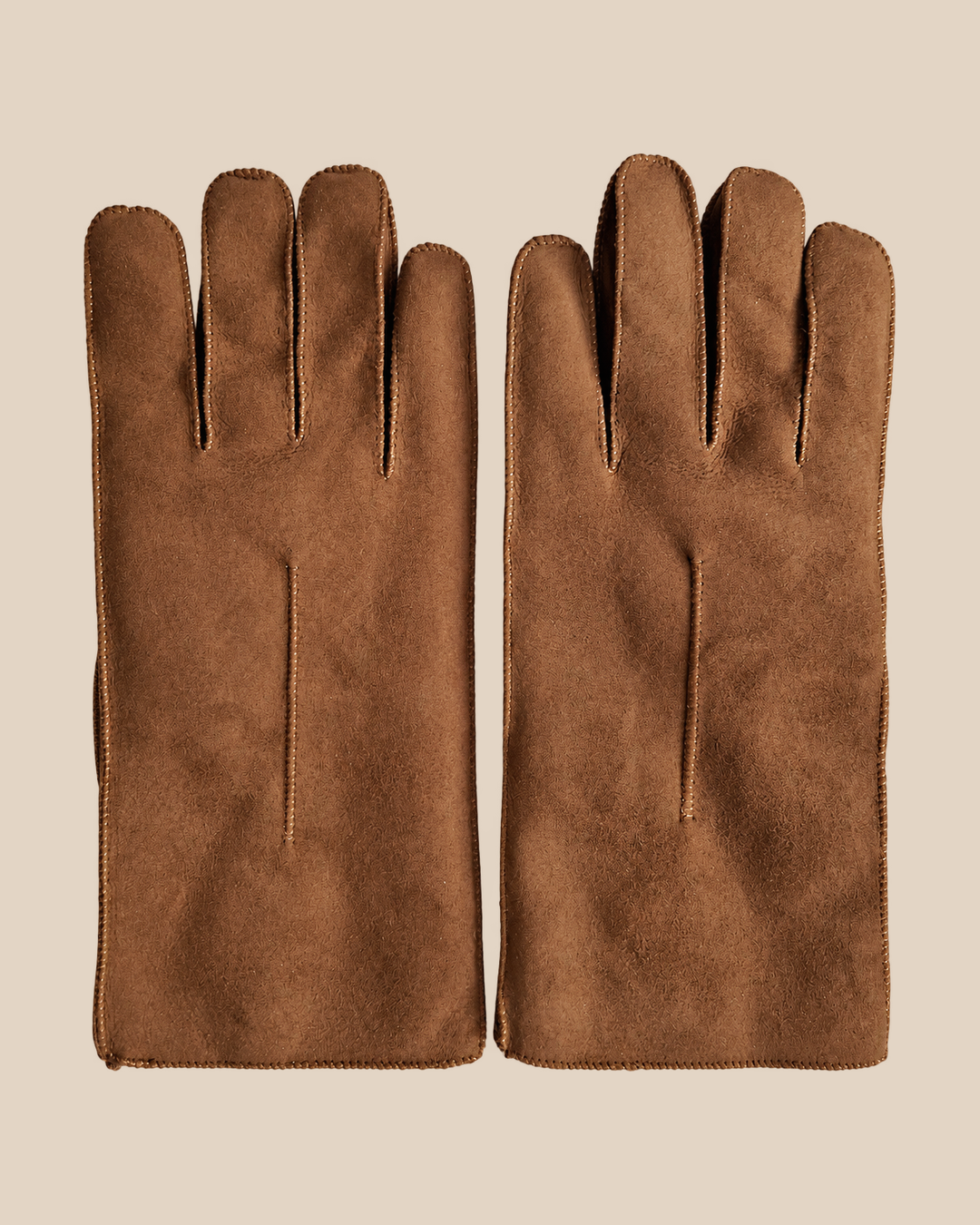 Suede shearling gloves - tobacco — product view 01, shearling gloves on a beige background