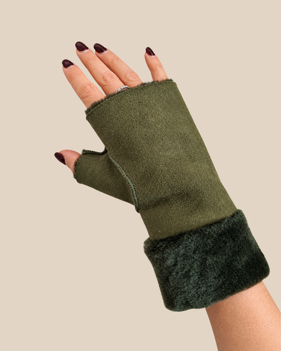 Suede shearling muffs - Loden - worn view - 20261013_163704