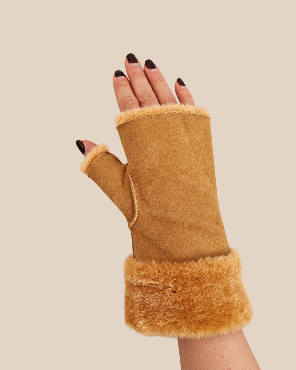 Suede shearling muffs - Ochre - worn view - 20261013_163312