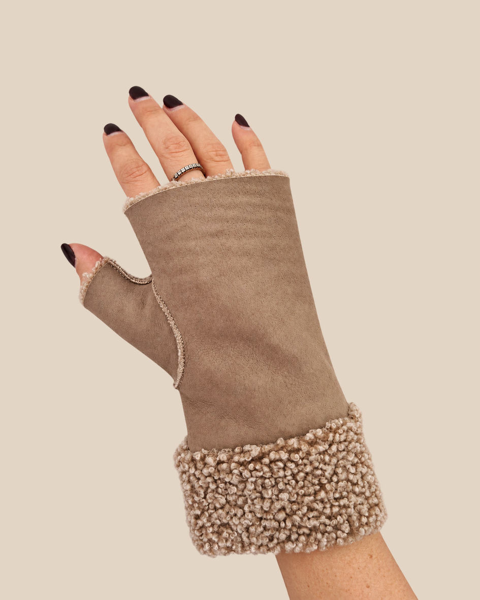 Suede shearling muffs - Taupe - worn view - 20261013_163558